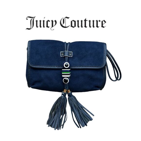 Juicy Couture Handbags - Juicy Couture Navy Blue Suede Clutch - Magnetic Closure - Leather Trim & Tassels